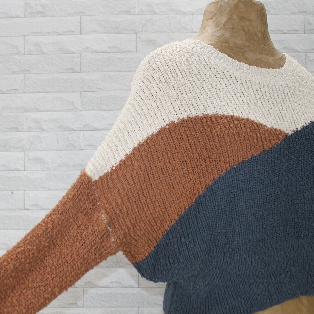 Colorblock Cropped Knit Sweater - Cream, Blue & Brown - Picture 2 of 15